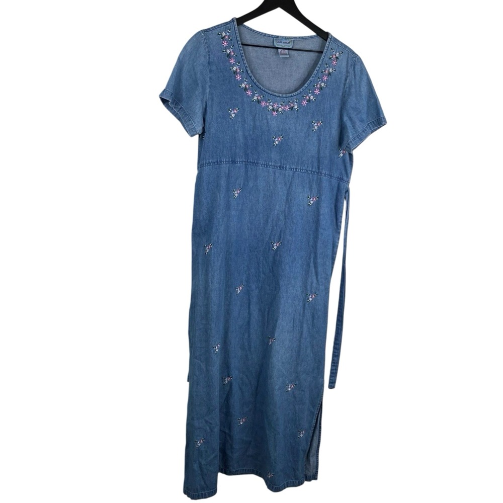 Jane Ashley Denim Cottage Core Farm Prairie Modest Embroidered Dress Blue Sz M